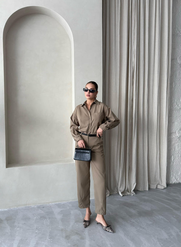 Haki Merlin Kemerli Gömlek Pantolon Takım