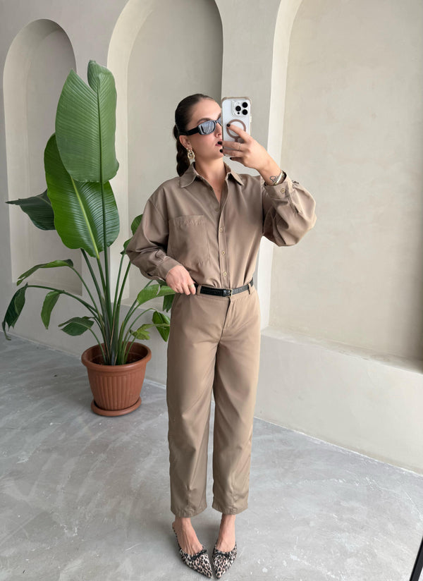 Haki Merlin Kemerli Gömlek Pantolon Takım