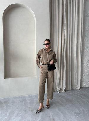 Haki Merlin Kemerli Gömlek Pantolon Takım