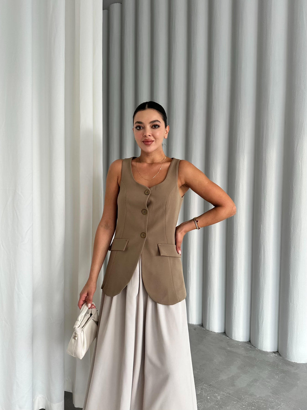 Haki Milano Düğmeli Premium Yelek