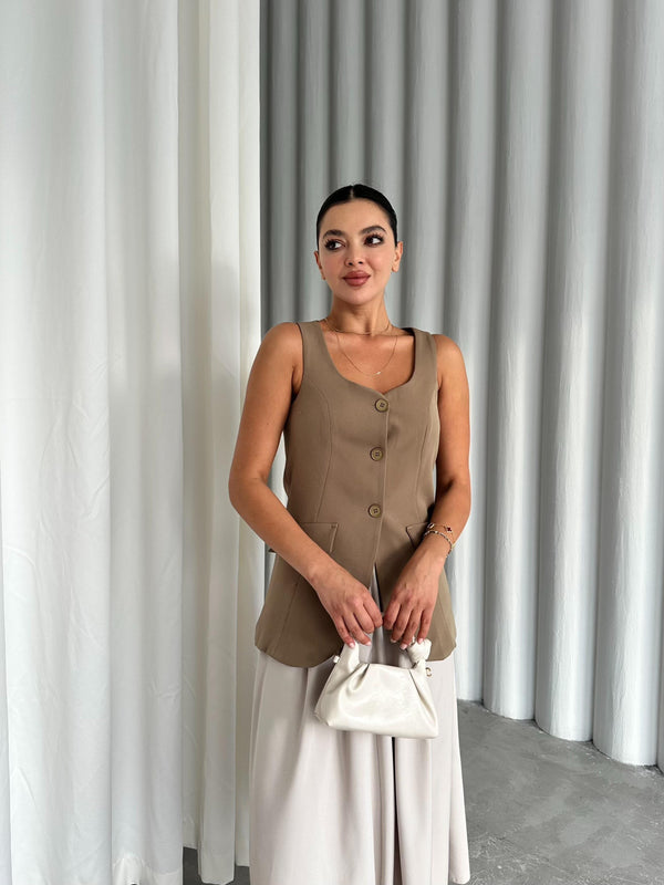 Haki Milano Düğmeli Premium Yelek