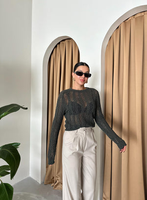 Haki Örümcek Ağı Triko Bluz