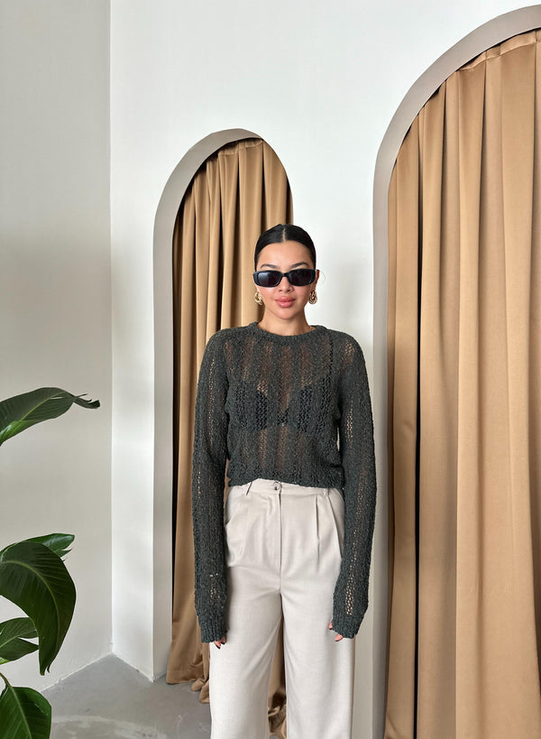 Haki Örümcek Ağı Triko Bluz