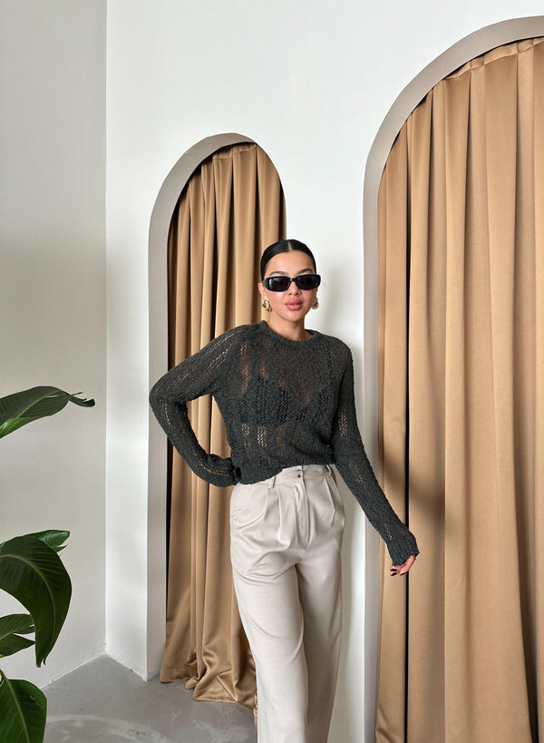 Haki Örümcek Ağı Triko Bluz