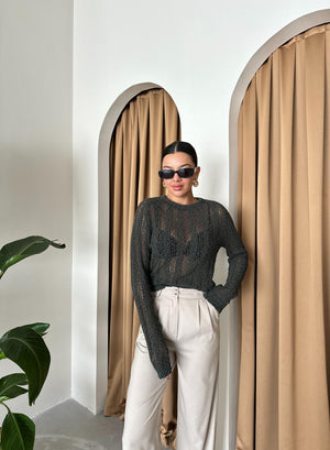 Haki Örümcek Ağı Triko Bluz