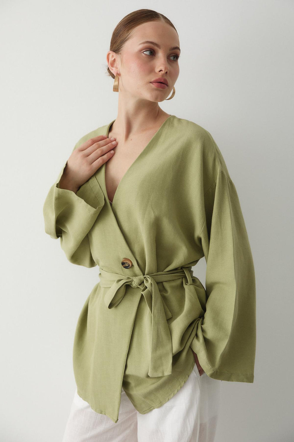 Haki Düğme Detaylı Kemerli Kimono - 005
