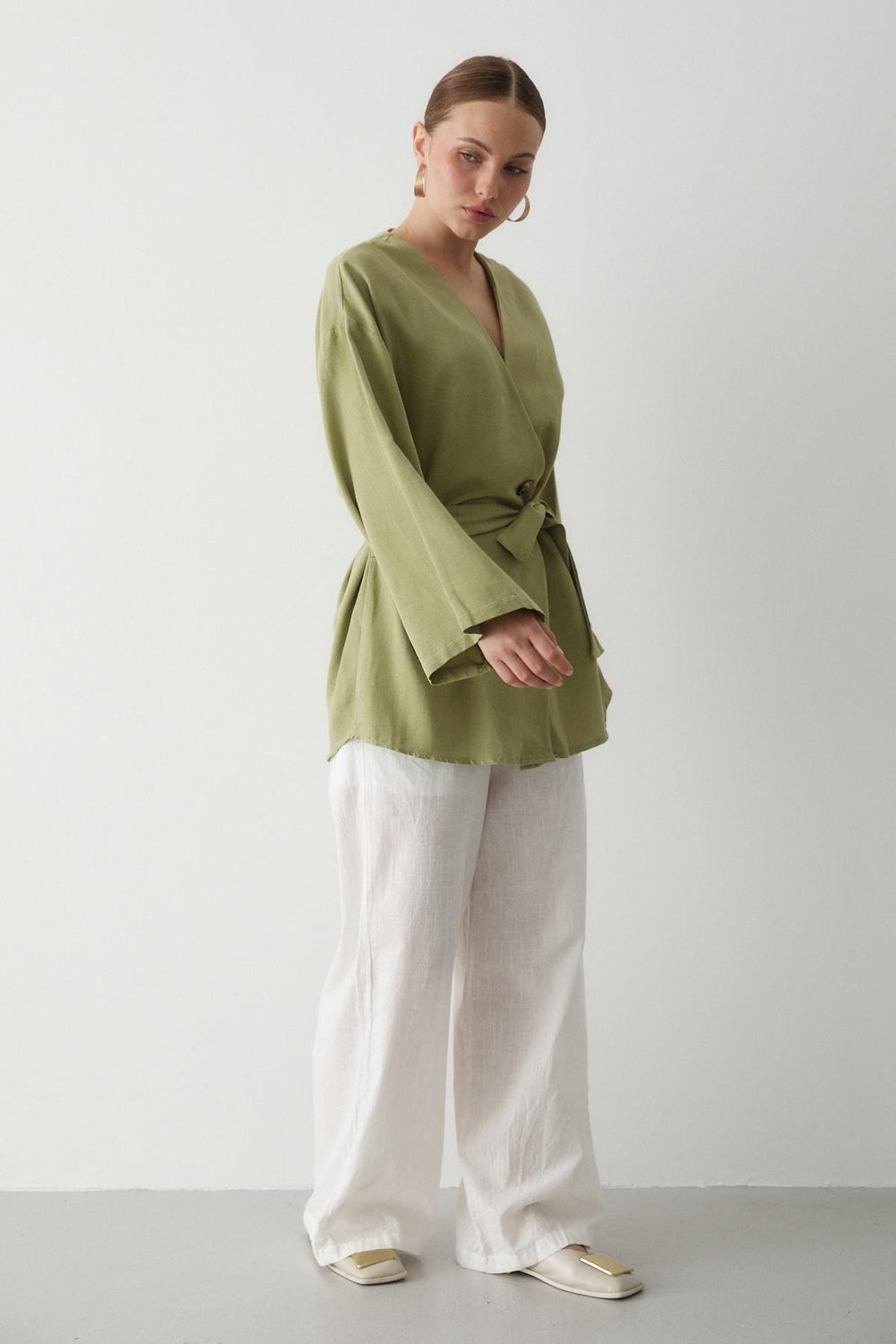 Haki Düğme Detaylı Kemerli Kimono - 005