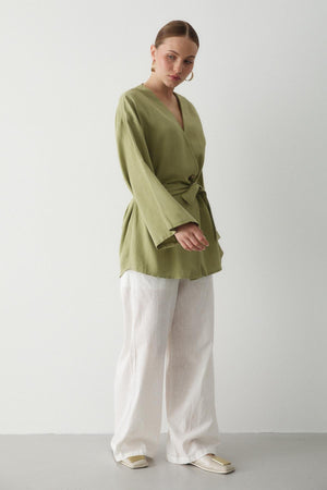Haki Düğme Detaylı Kemerli Kimono - 005