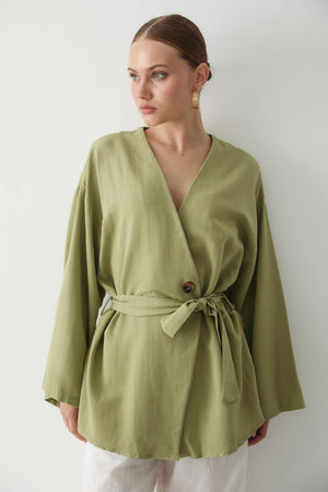 Haki Düğme Detaylı Kemerli Kimono - 005