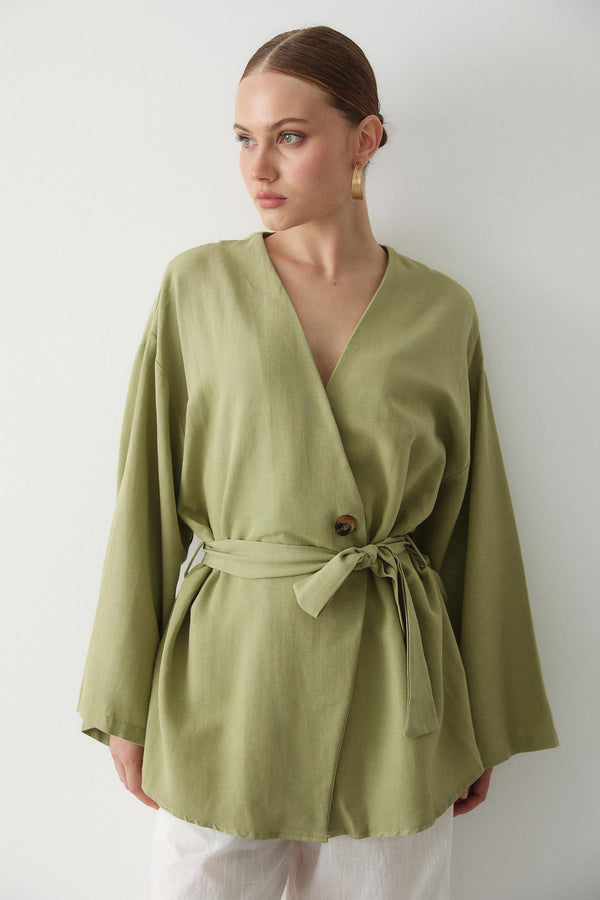 Haki Düğme Detaylı Kemerli Kimono - 005
