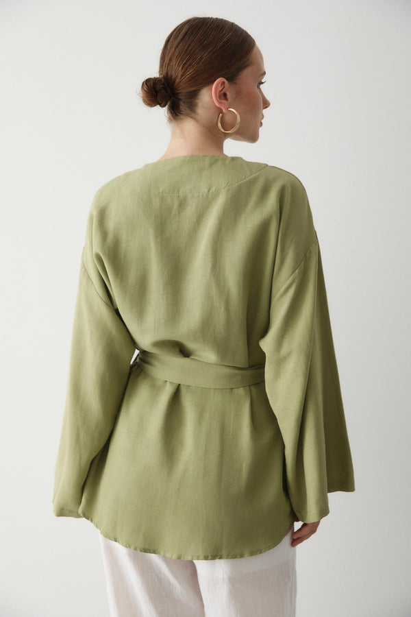 Haki Düğme Detaylı Kemerli Kimono - 005