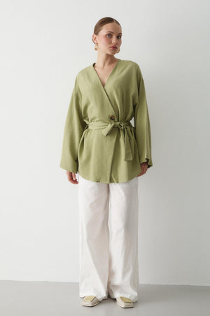 Haki Düğme Detaylı Kemerli Kimono - 005