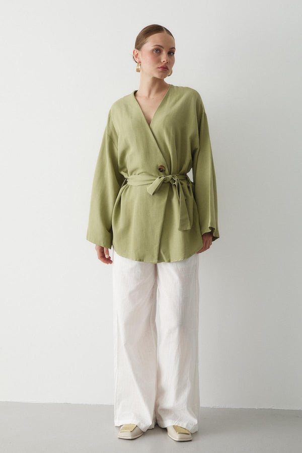 Haki Düğme Detaylı Kemerli Kimono - 005