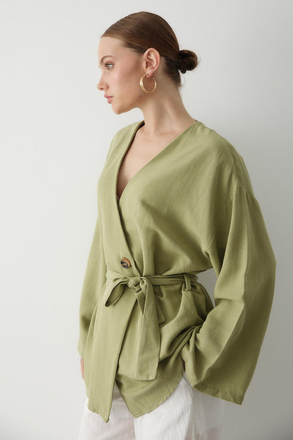 Haki Düğme Detaylı Kemerli Kimono - 005