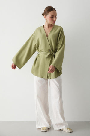 Haki Düğme Detaylı Kemerli Kimono - 005
