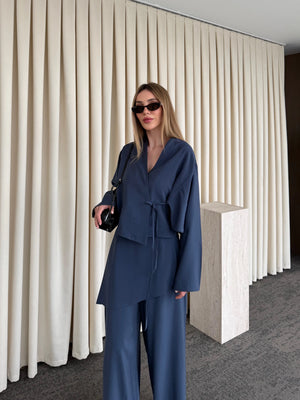 İndigo Pantolon Ek Parça Detaylı Kimono Takım - 8009