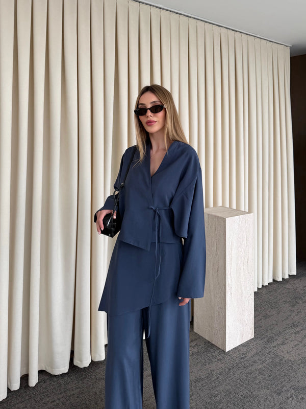 İndigo Pantolon Ek Parça Detaylı Kimono Takım - 8009