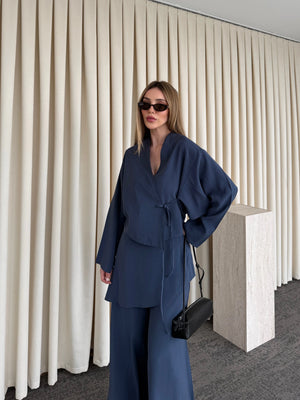 İndigo Pantolon Ek Parça Detaylı Kimono Takım - 8009
