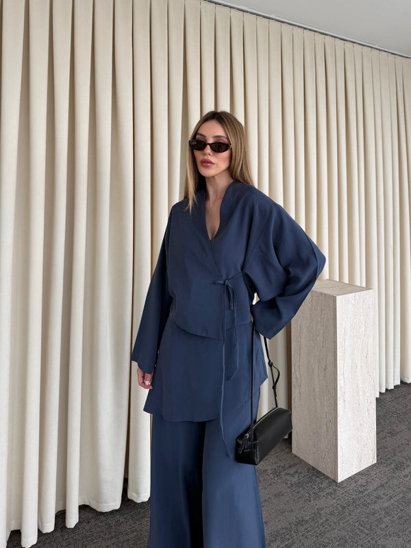 İndigo Pantolon Ek Parça Detaylı Kimono Takım - 8009