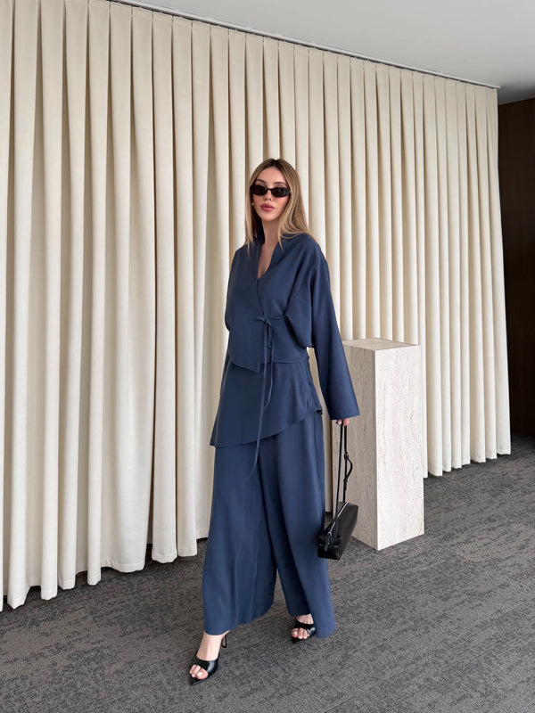 İndigo Pantolon Ek Parça Detaylı Kimono Takım - 8009