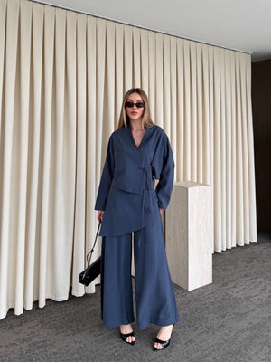İndigo Pantolon Ek Parça Detaylı Kimono Takım - 8009