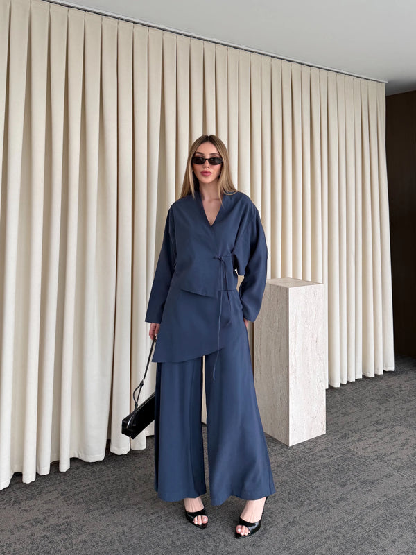 İndigo Pantolon Ek Parça Detaylı Kimono Takım - 8009