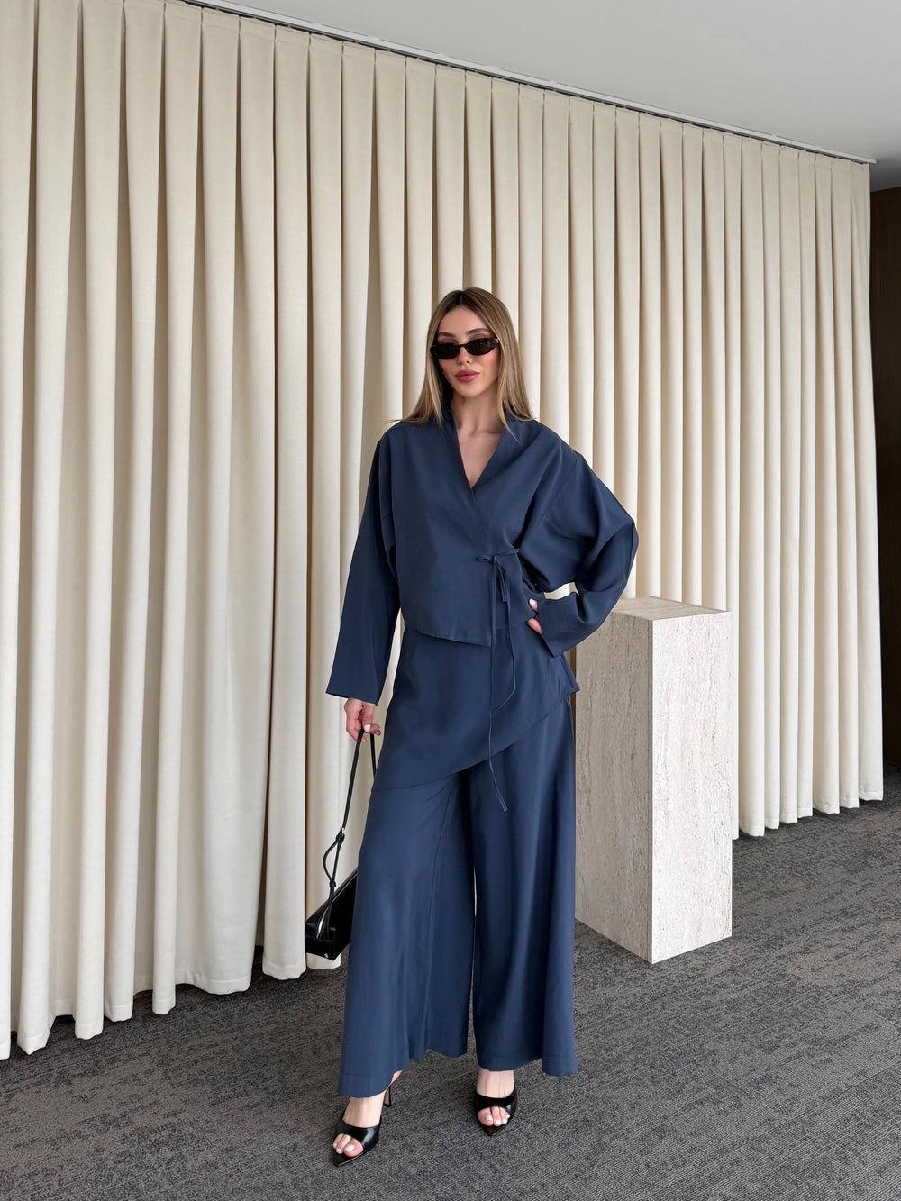 İndigo Pantolon Ek Parça Detaylı Kimono Takım - 8009