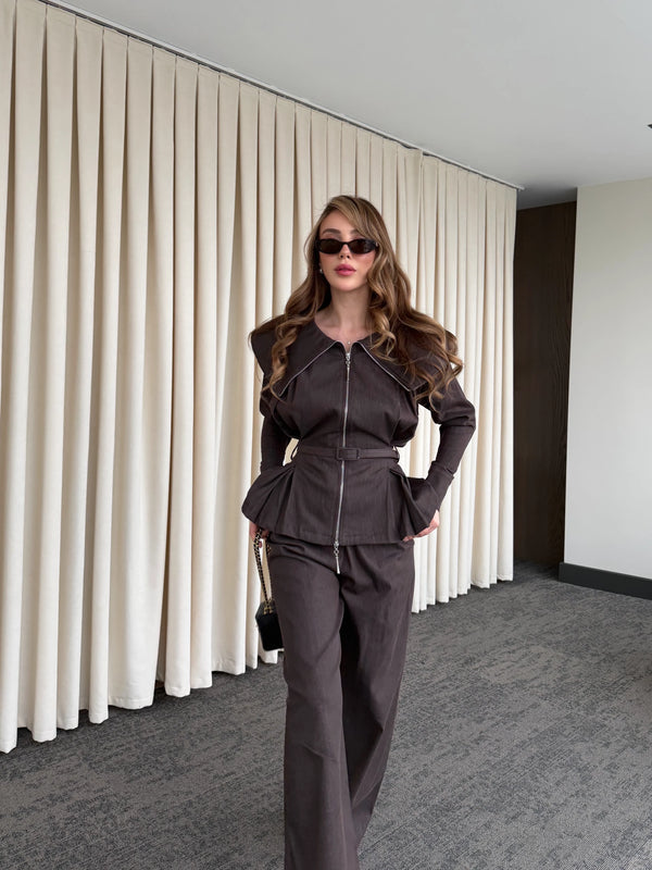 Kahverengi Tasarım Denim Takım - 8002