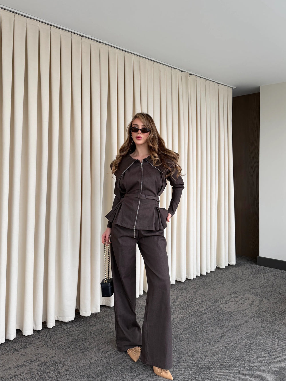 Kahverengi Tasarım Denim Takım - 8002