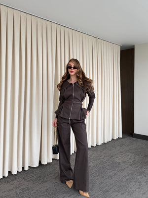 Kahverengi Tasarım Denim Takım - 8002