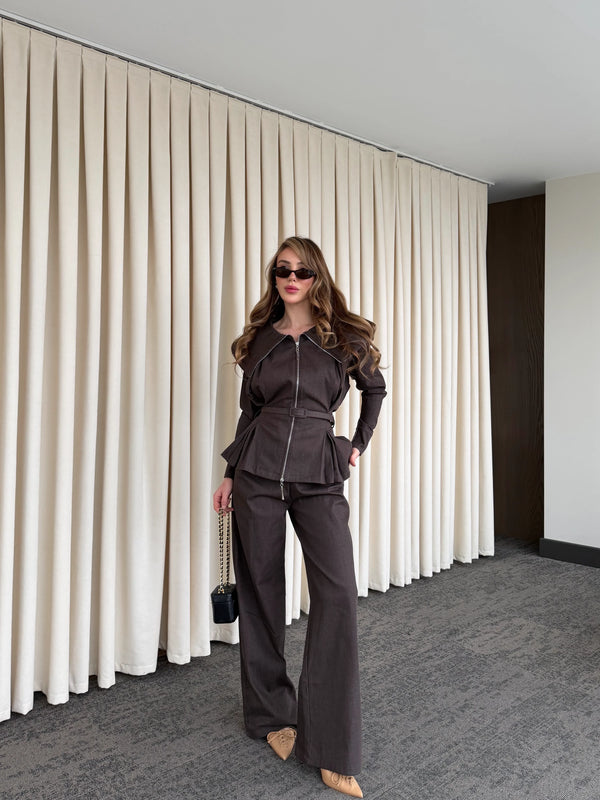 Kahverengi Tasarım Denim Takım - 8002