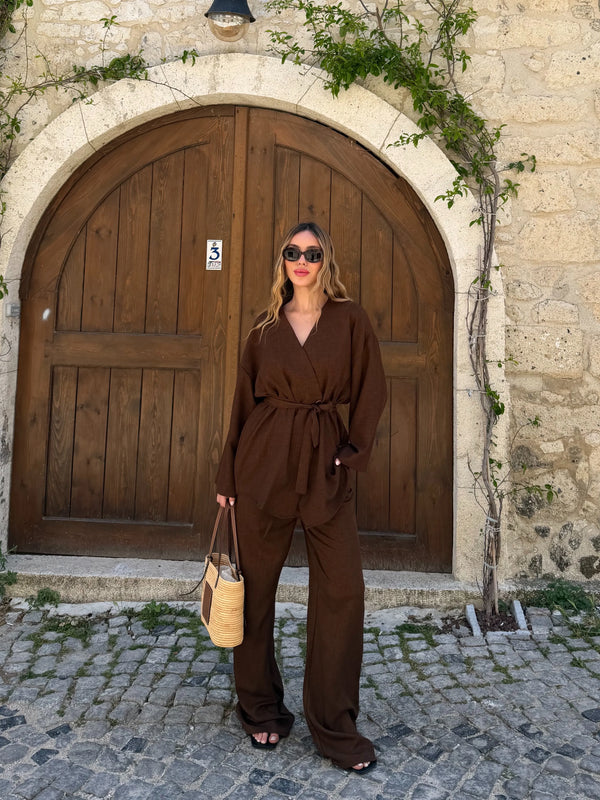 Kahverengi Tek Düğmeli Kuşaklı Kimono Takım - 007