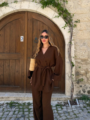 Kahverengi Tek Düğmeli Kuşaklı Kimono Takım - 007