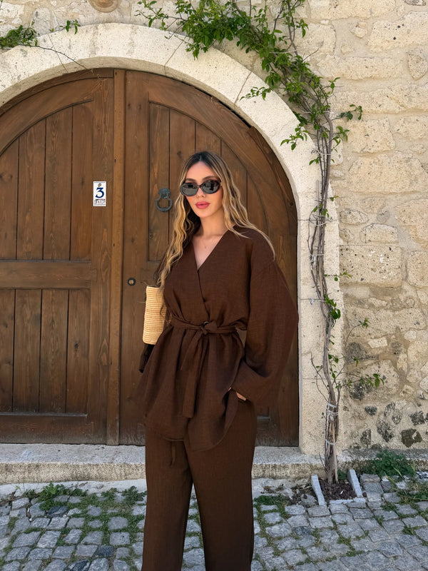Kahverengi Tek Düğmeli Kuşaklı Kimono Takım - 007