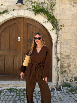 Kahverengi Tek Düğmeli Kuşaklı Kimono Takım - 007