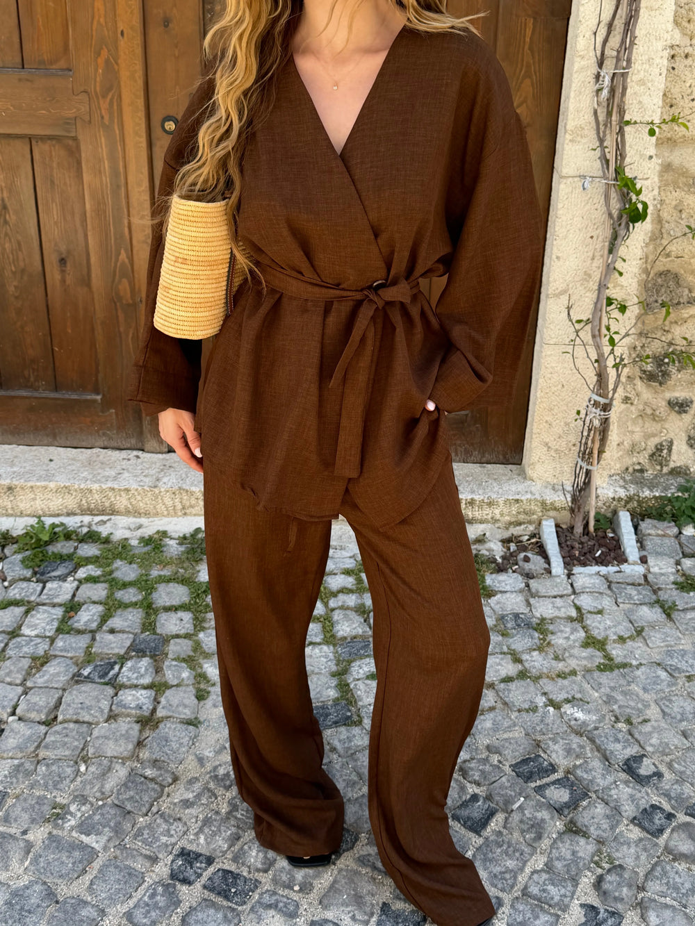 Kahverengi Tek Düğmeli Kuşaklı Kimono Takım - 007