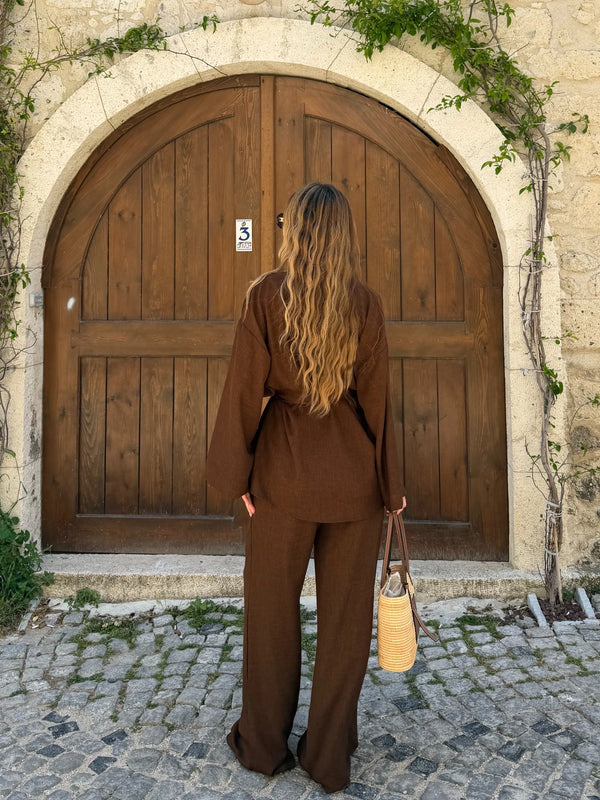 Kahverengi Tek Düğmeli Kuşaklı Kimono Takım - 007