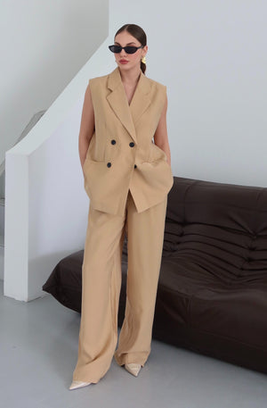 Hardal Siyah Düğmeli Yelek Pantolon Takım