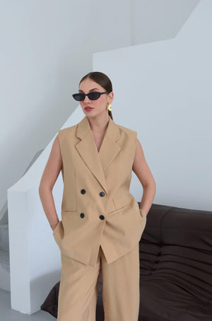 Hardal Siyah Düğmeli Yelek Pantolon Takım