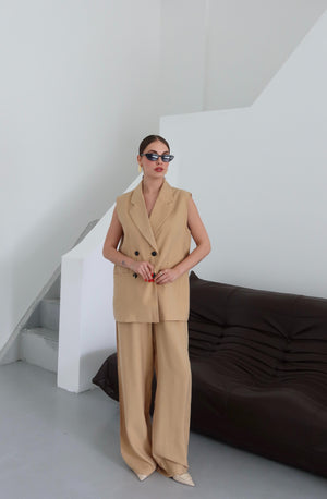 Hardal Siyah Düğmeli Yelek Pantolon Takım