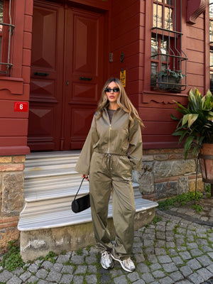 Haki Bomber Saten Ceket Pantolon Takım - 9663 - 51229