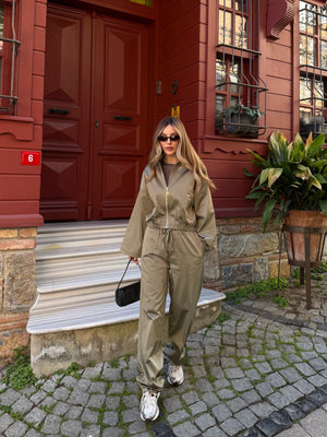 Haki Bomber Saten Ceket Pantolon Takım - 9663 - 51229
