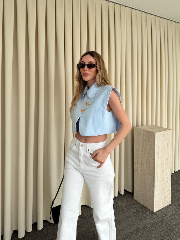 Mavi Poplin Crop Yelek - 8419