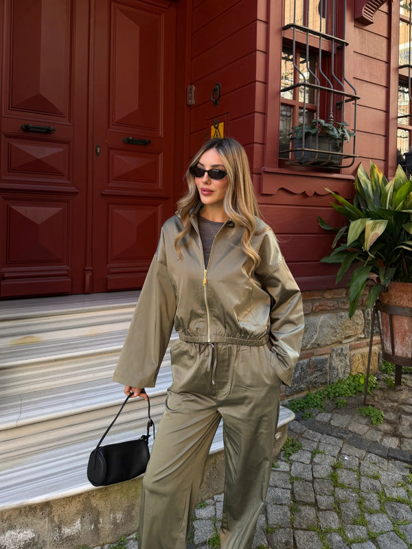 Haki Bomber Saten Ceket Pantolon Takım - 9663 - 51229