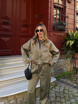 Haki Bomber Saten Ceket Pantolon Takım - 9663 - 51229