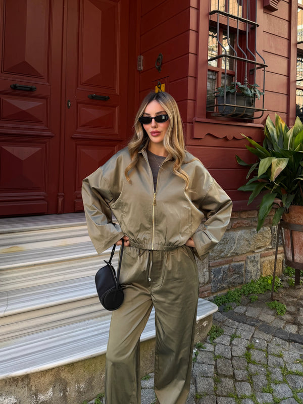 Haki Bomber Saten Ceket Pantolon Takım - 9663 - 51229