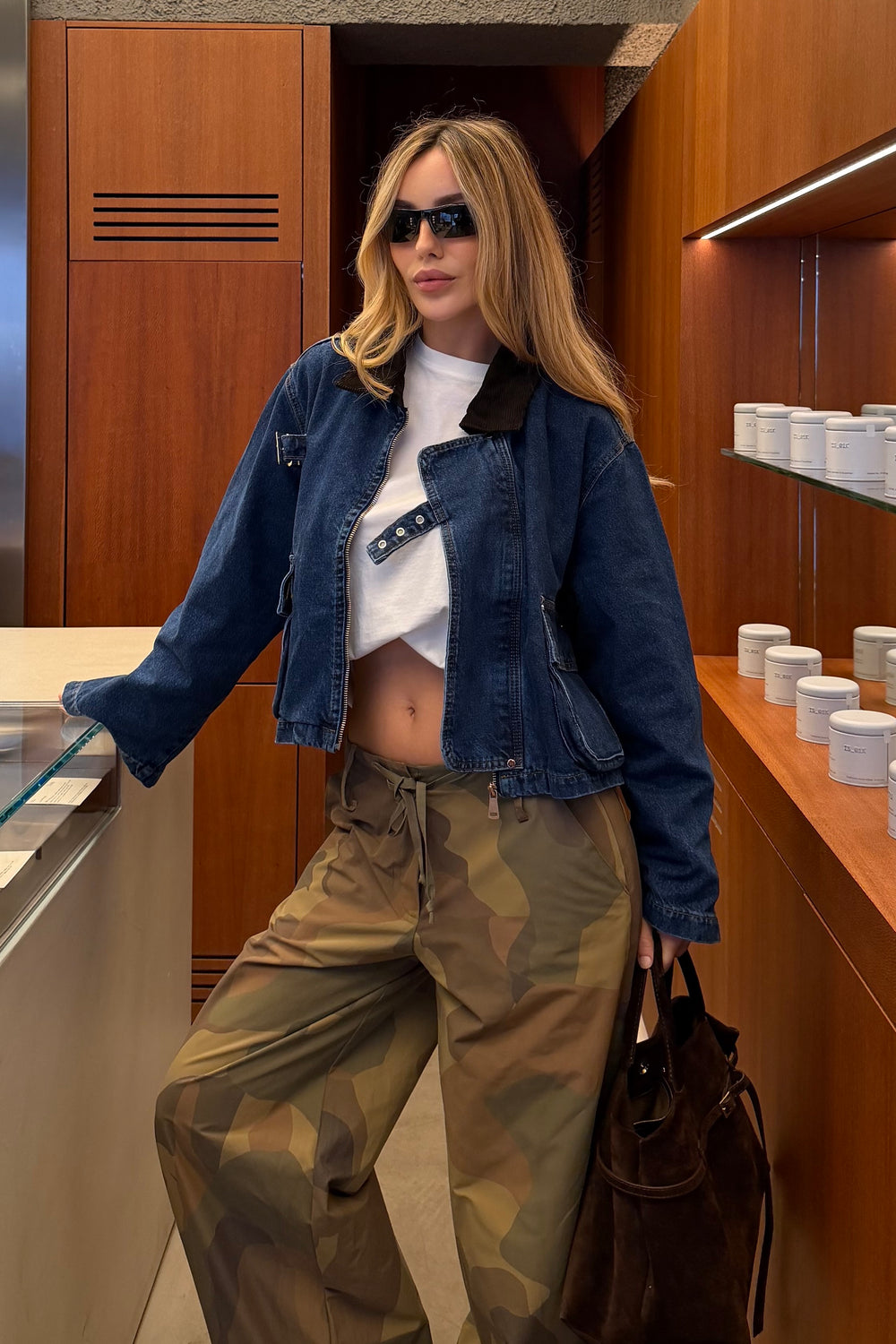 Lacivert Yakası Kemerli Crop Denim Ceket - 1114