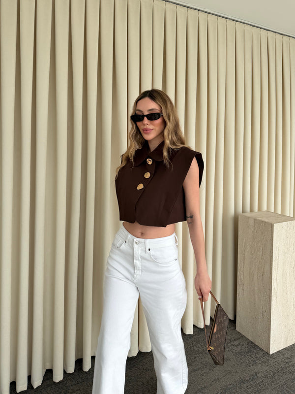 Kahverengi Poplin Crop Yelek - 8419