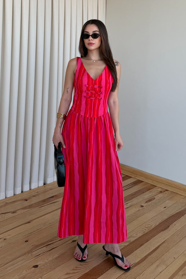 Pembe Turuncu Çizgili Elbise - 8304