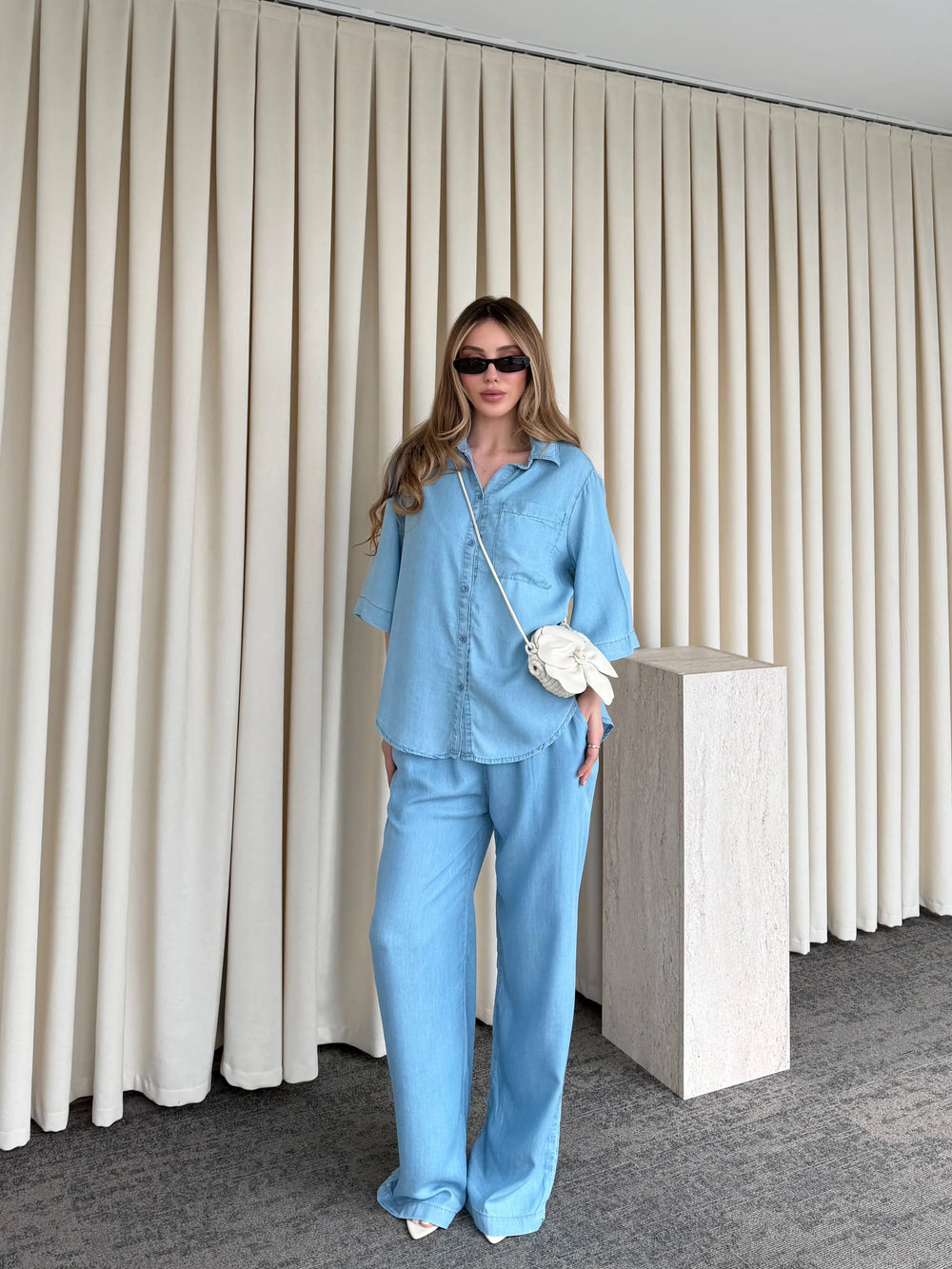 Açık Mavi Tensel Kumaş Gömlek Pantolon Takım - 0926